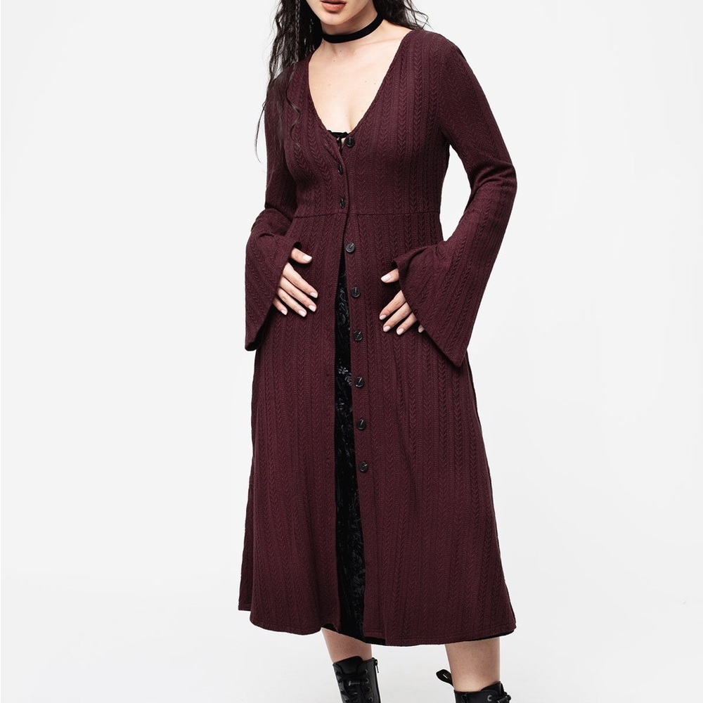 Disturbia Burgundy Sybil Button Up Longline Knit Overdress Cardigan
